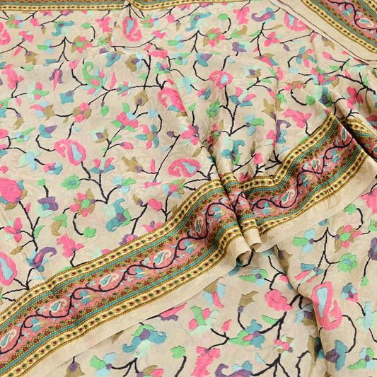 Indian Vintage Sari Beige Pure Crepe Silk Jamawar Printed Sarees 5yd Sewing Soft Craft Fabric Wrap Dress making Upcycle Crafting Quilting