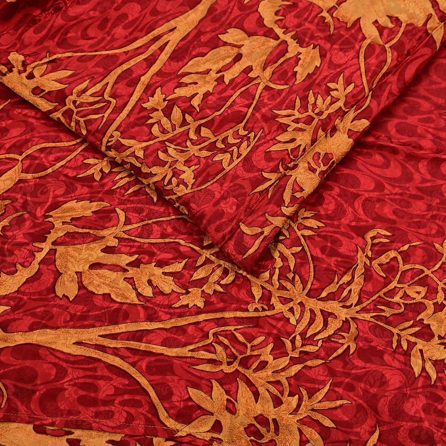 Indian Vintage Sari Mustard & Red Pure Crepe Silk Printed Sarees 5yd Sewing Floral Soft Craft Fabric Wrap Dress making Crafting Quilting