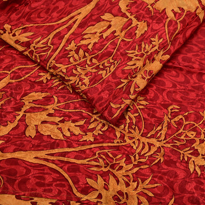 Indian Vintage Sari Mustard & Red Pure Crepe Silk Printed Sarees 5yd Sewing Floral Soft Craft Fabric Wrap Dress making Crafting Quilting
