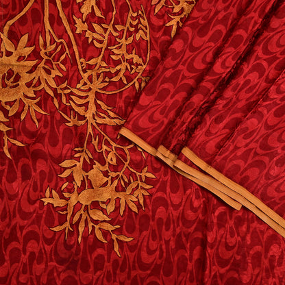 Indian Vintage Sari Mustard & Red Pure Crepe Silk Printed Sarees 5yd Sewing Floral Soft Craft Fabric Wrap Dress making Crafting Quilting
