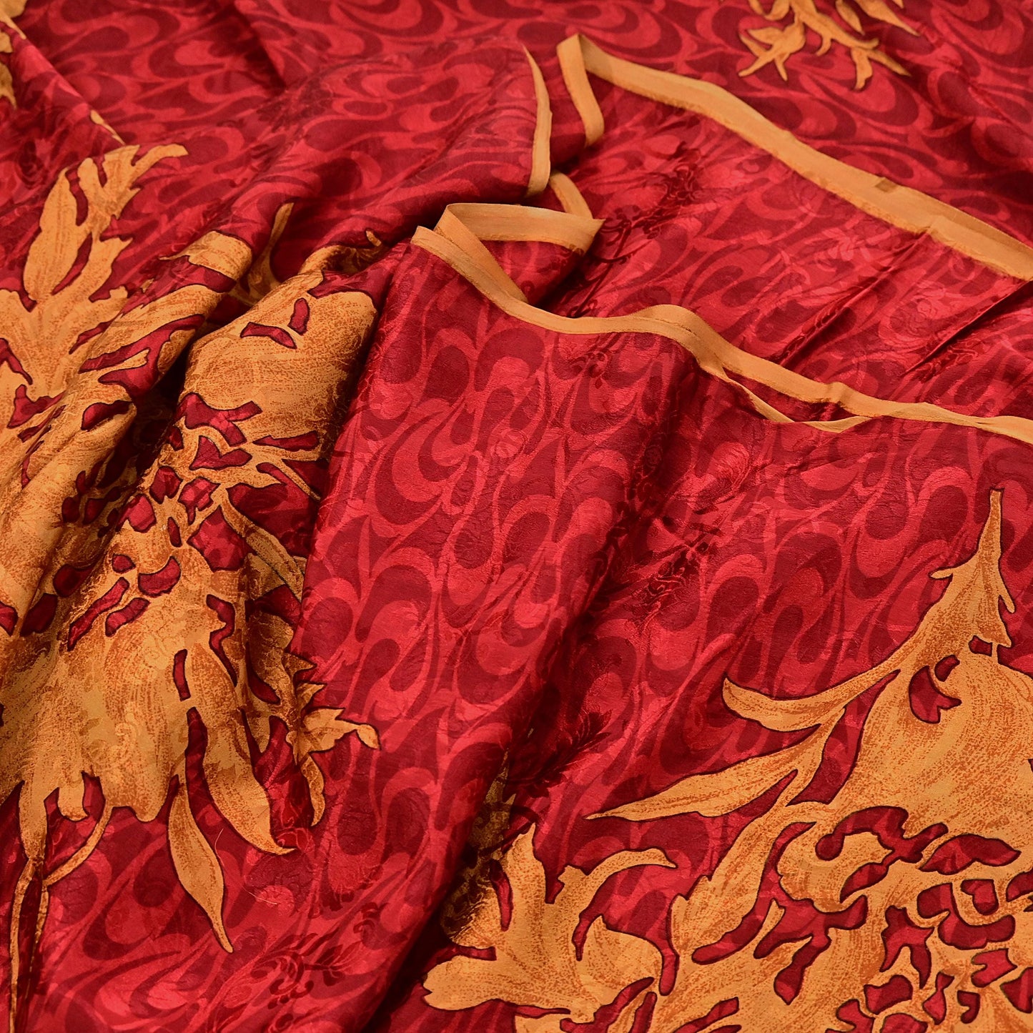 Indian Vintage Sari Mustard & Red Pure Crepe Silk Printed Sarees 5yd Sewing Floral Soft Craft Fabric Wrap Dress making Crafting Quilting