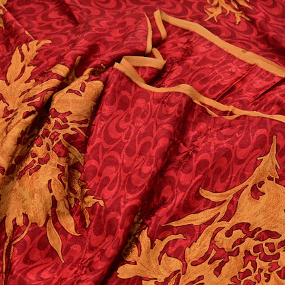 Indian Vintage Sari Mustard & Red Pure Crepe Silk Printed Sarees 5yd Sewing Floral Soft Craft Fabric Wrap Dress making Crafting Quilting