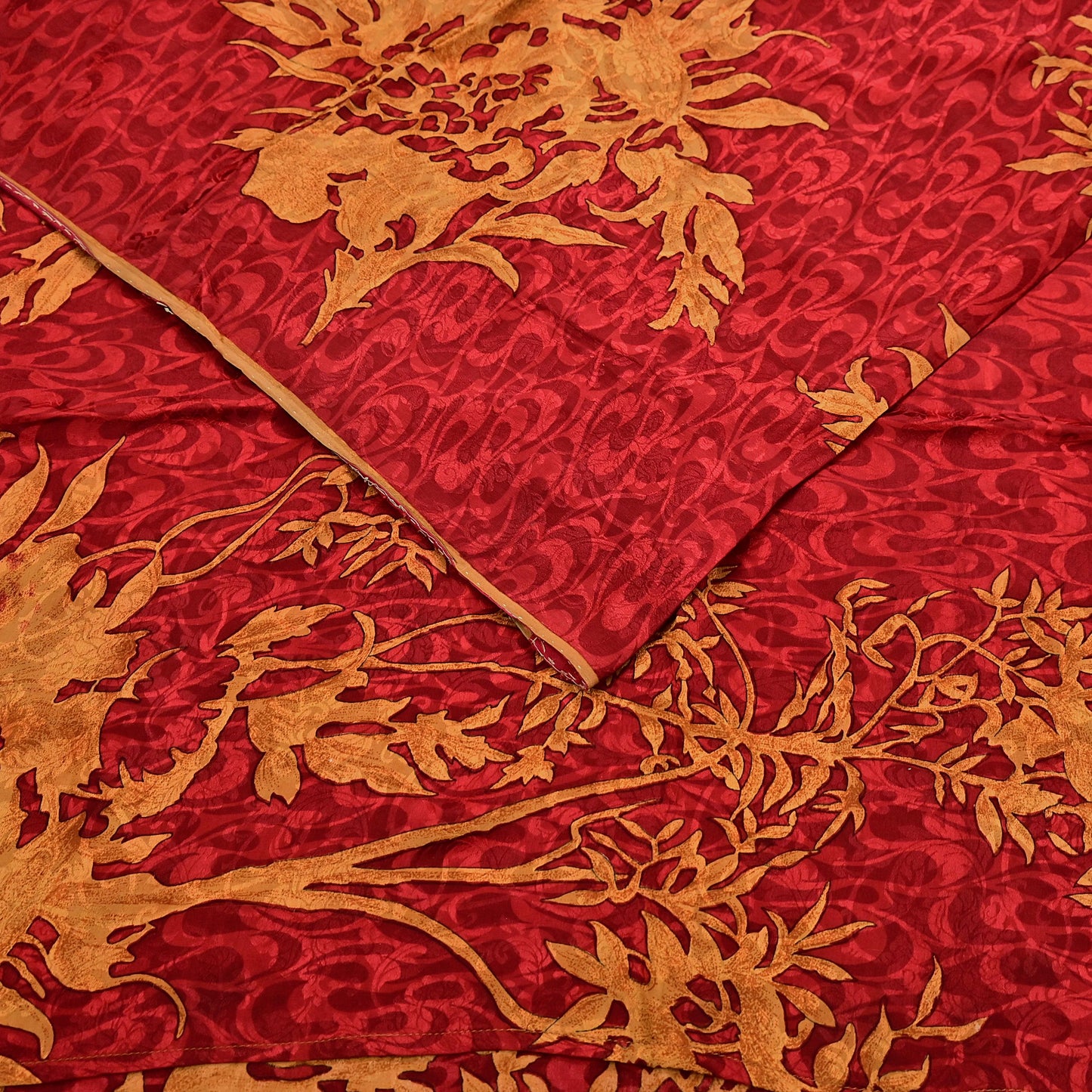 Indian Vintage Sari Mustard & Red Pure Crepe Silk Printed Sarees 5yd Sewing Floral Soft Craft Fabric Wrap Dress making Crafting Quilting