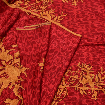 Indian Vintage Sari Mustard & Red Pure Crepe Silk Printed Sarees 5yd Sewing Floral Soft Craft Fabric Wrap Dress making Crafting Quilting