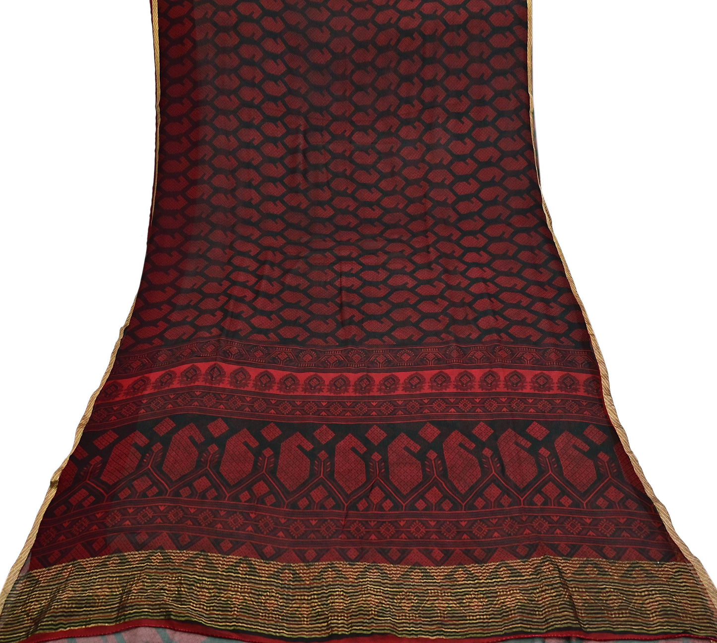 Indian Vintage Sari Black & Red Pure Chiffon Silk Printed Sarees 5Yd Craft Fabric Sewing Soft Zari Border Dress Making Upcycle Quilting