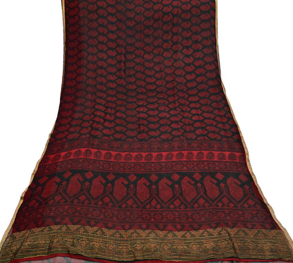 Indian Vintage Sari Black & Red Pure Chiffon Silk Printed Sarees 5Yd Craft Fabric Sewing Soft Zari Border Dress Making Upcycle Quilting