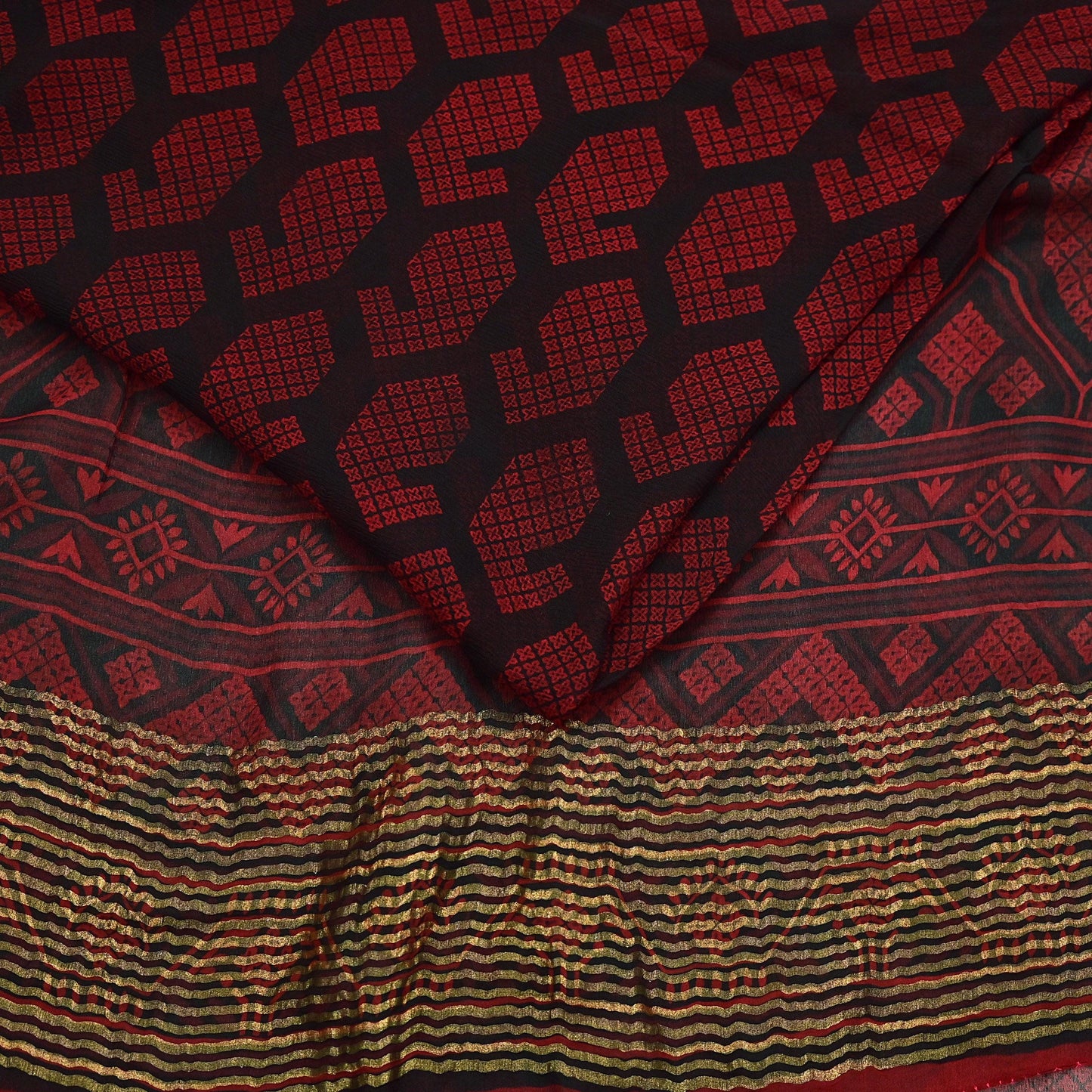 Indian Vintage Sari Black & Red Pure Chiffon Silk Printed Sarees 5Yd Craft Fabric Sewing Soft Zari Border Dress Making Upcycle Quilting