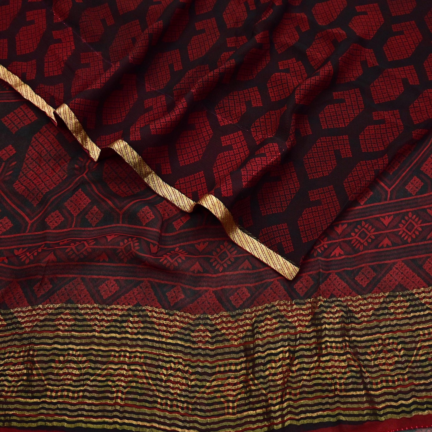 Indian Vintage Sari Black & Red Pure Chiffon Silk Printed Sarees 5Yd Craft Fabric Sewing Soft Zari Border Dress Making Upcycle Quilting