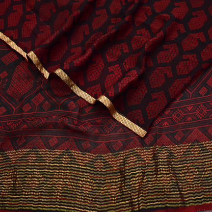 Indian Vintage Sari Black & Red Pure Chiffon Silk Printed Sarees 5Yd Craft Fabric Sewing Soft Zari Border Dress Making Upcycle Quilting