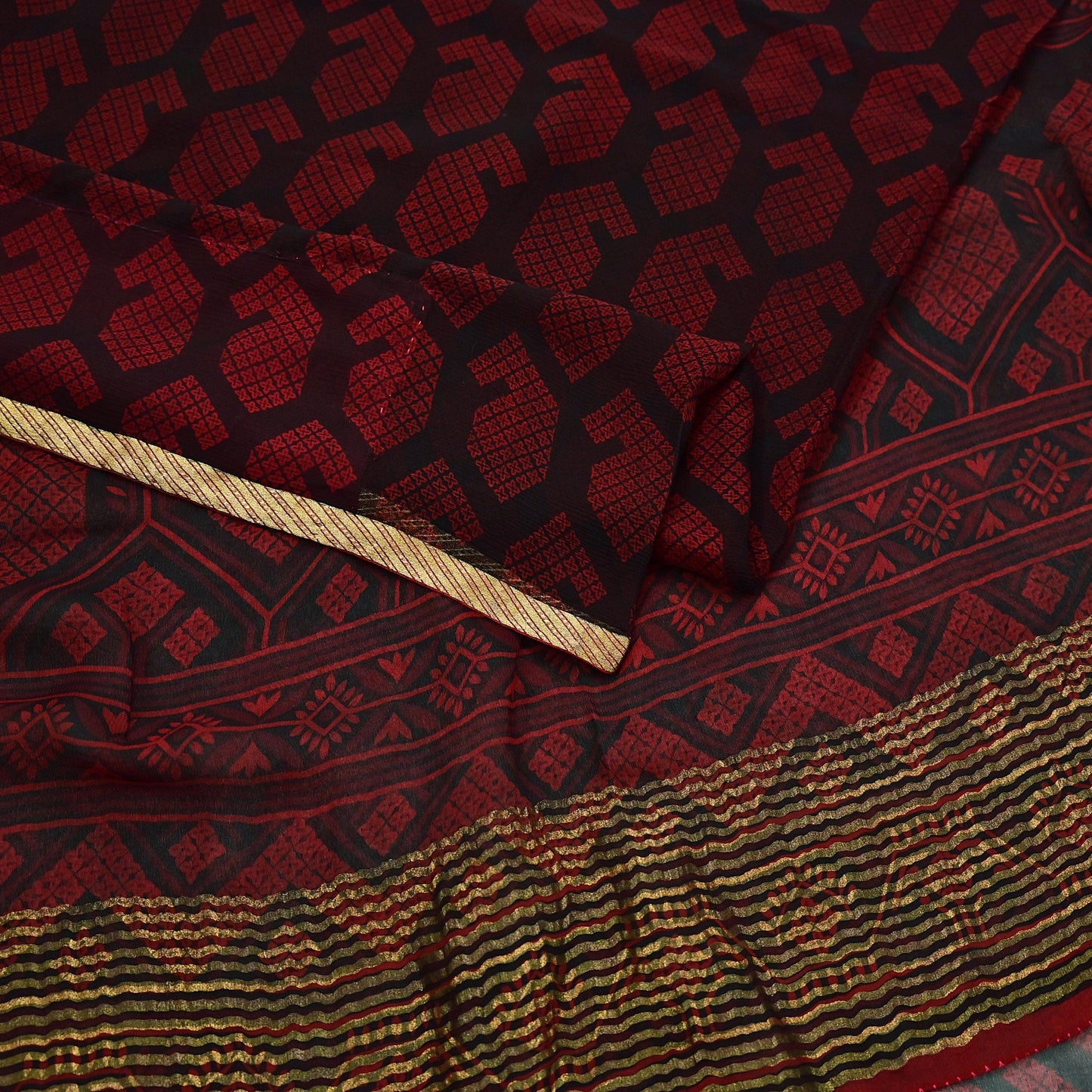Indian Vintage Sari Black & Red Pure Chiffon Silk Printed Sarees 5Yd Craft Fabric Sewing Soft Zari Border Dress Making Upcycle Quilting
