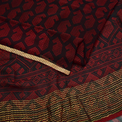 Indian Vintage Sari Black & Red Pure Chiffon Silk Printed Sarees 5Yd Craft Fabric Sewing Soft Zari Border Dress Making Upcycle Quilting