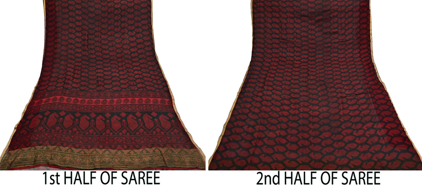 Indian Vintage Sari Black & Red Pure Chiffon Silk Printed Sarees 5Yd Craft Fabric Sewing Soft Zari Border Dress Making Upcycle Quilting