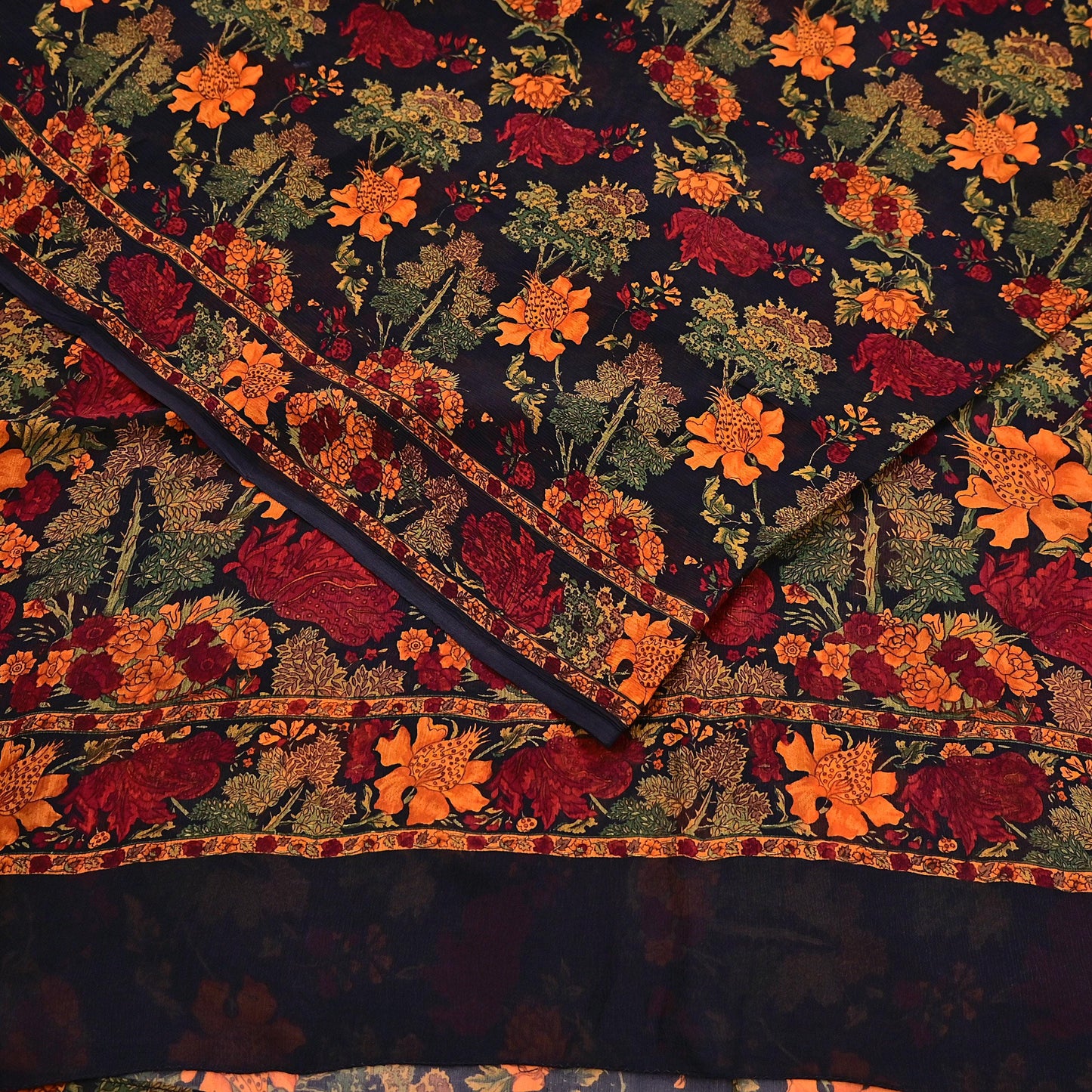 Indian Vintage Black Pure Chiffon Silk Saree Printed Floral Design 5 Yards Sheer Soft Fabric for Sewing, Dressmaking,