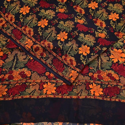 Indian Vintage Black Pure Chiffon Silk Saree Printed Floral Design 5 Yards Sheer Soft Fabric for Sewing, Dressmaking,