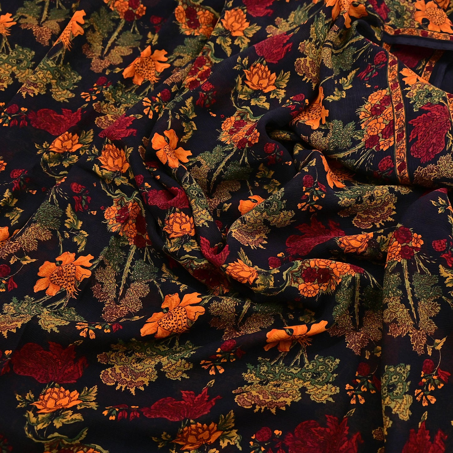 Indian Vintage Black Pure Chiffon Silk Saree Printed Floral Design 5 Yards Sheer Soft Fabric for Sewing, Dressmaking,