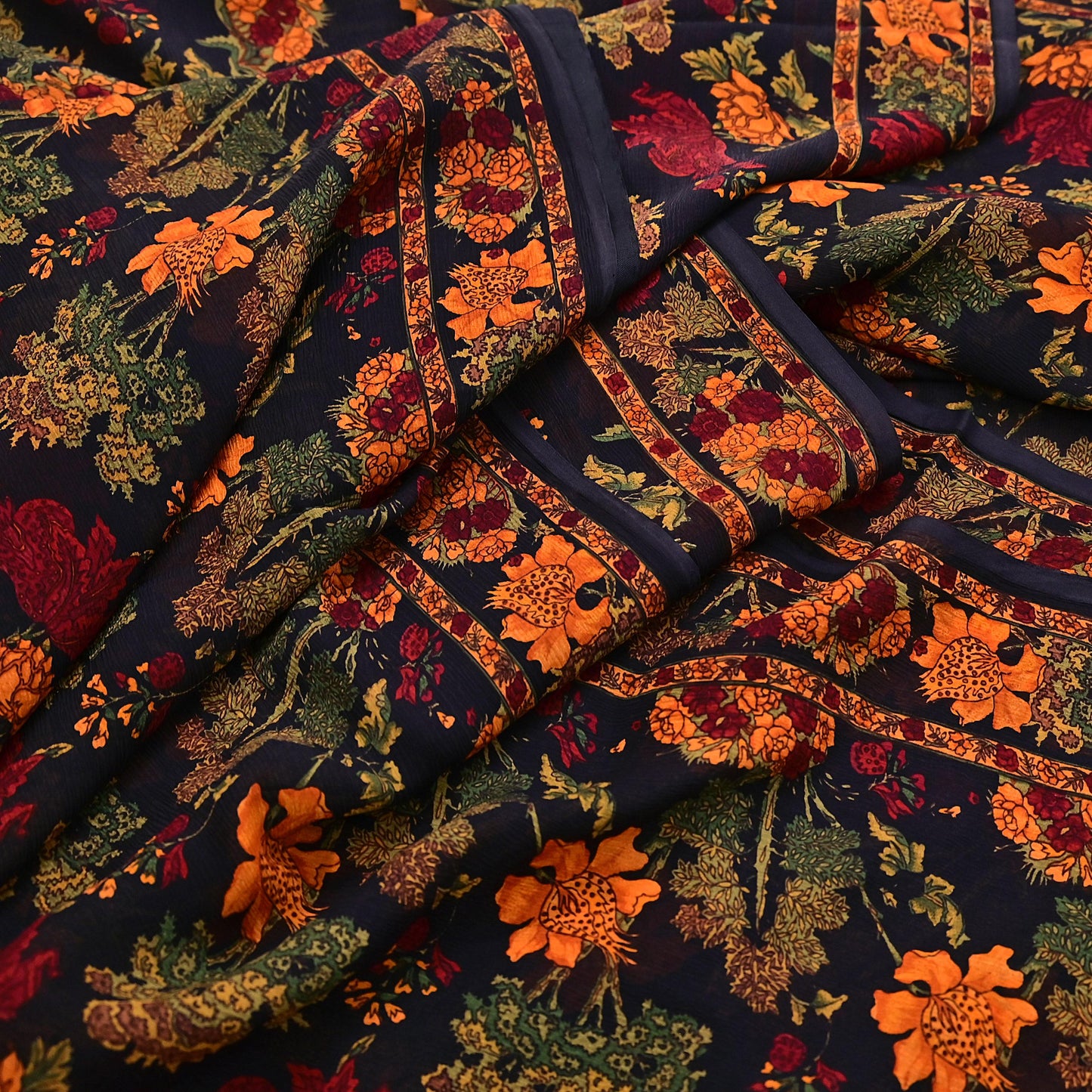 Indian Vintage Black Pure Chiffon Silk Saree Printed Floral Design 5 Yards Sheer Soft Fabric for Sewing, Dressmaking,