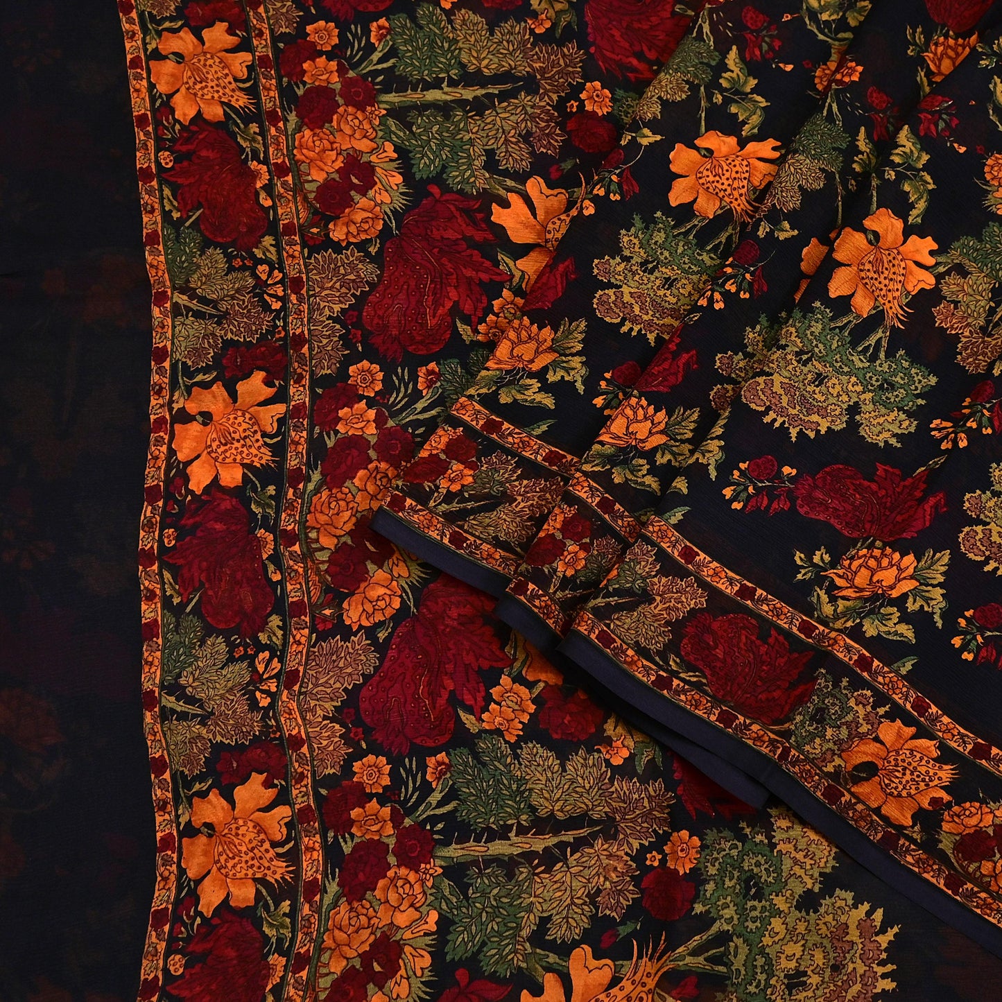 Indian Vintage Black Pure Chiffon Silk Saree Printed Floral Design 5 Yards Sheer Soft Fabric for Sewing, Dressmaking,