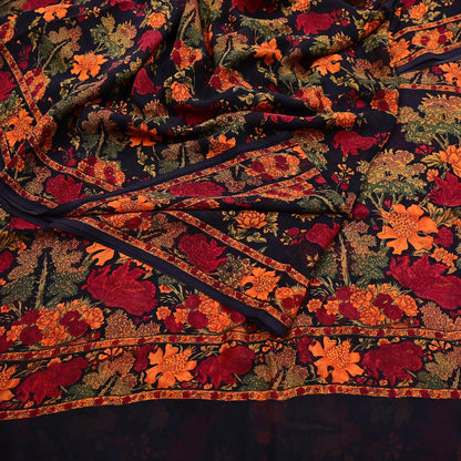 Indian Vintage Black Pure Chiffon Silk Saree Printed Floral Design 5 Yards Sheer Soft Fabric for Sewing, Dressmaking,