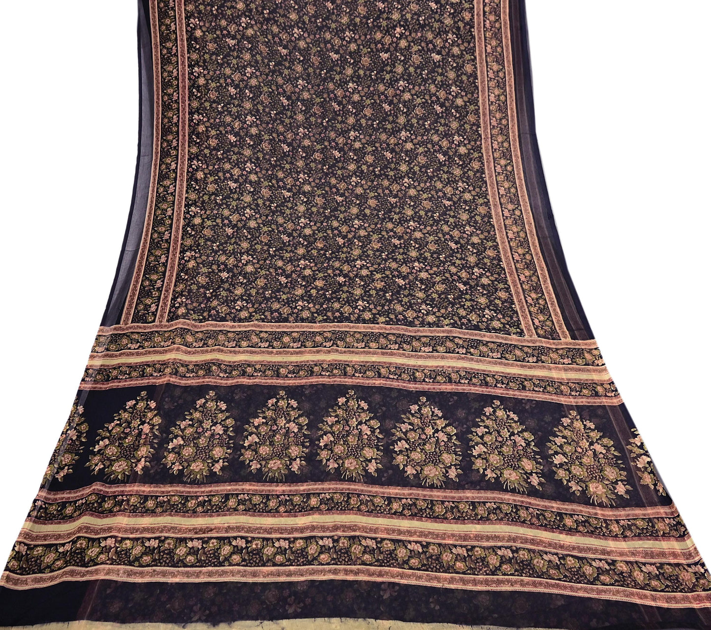 Indian Vintage Black Pure Chiffon Silk Saree Printed Floral Design 5 Yards Sheer Soft Fabric for Sewing, Dressmaking,