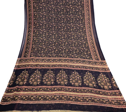 Indian Vintage Black Pure Chiffon Silk Saree Printed Floral Design 5 Yards Sheer Soft Fabric for Sewing, Dressmaking,