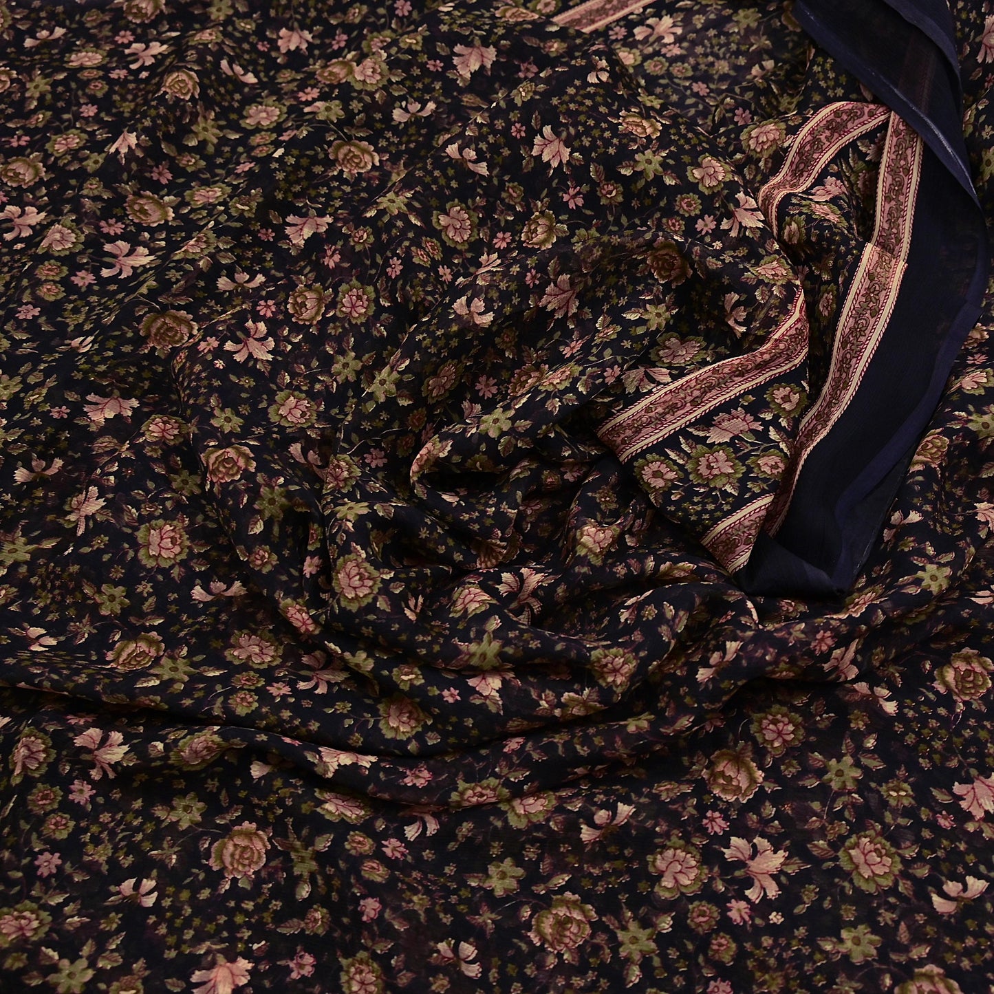Indian Vintage Black Pure Chiffon Silk Saree Printed Floral Design 5 Yards Sheer Soft Fabric for Sewing, Dressmaking,