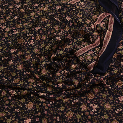 Indian Vintage Black Pure Chiffon Silk Saree Printed Floral Design 5 Yards Sheer Soft Fabric for Sewing, Dressmaking,