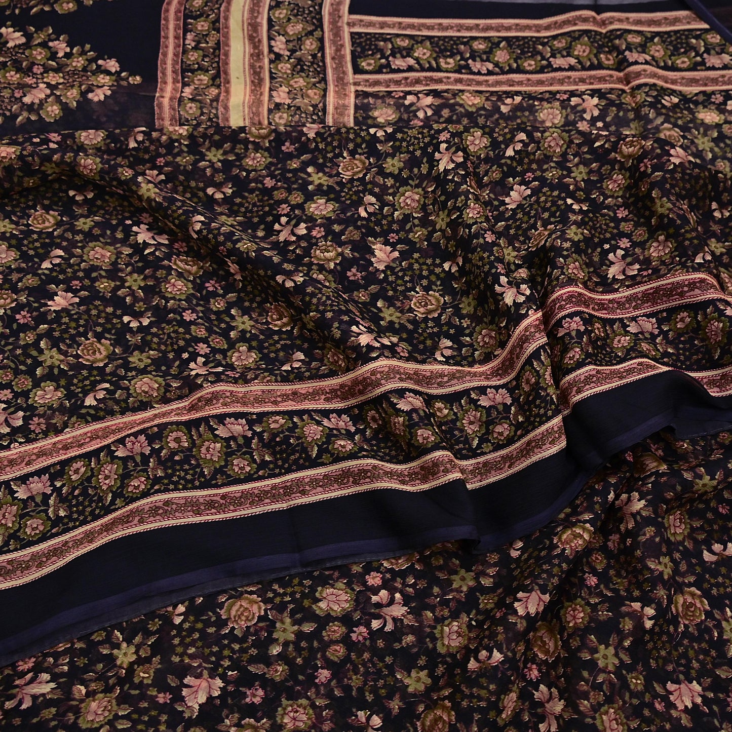 Indian Vintage Black Pure Chiffon Silk Saree Printed Floral Design 5 Yards Sheer Soft Fabric for Sewing, Dressmaking,