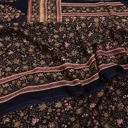 Indian Vintage Black Pure Chiffon Silk Saree Printed Floral Design 5 Yards Sheer Soft Fabric for Sewing, Dressmaking,