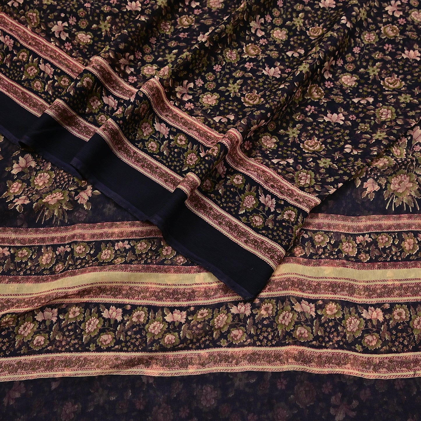 Indian Vintage Black Pure Chiffon Silk Saree Printed Floral Design 5 Yards Sheer Soft Fabric for Sewing, Dressmaking,
