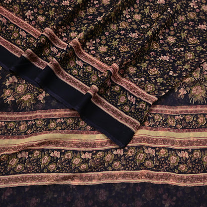 Indian Vintage Black Pure Chiffon Silk Saree Printed Floral Design 5 Yards Sheer Soft Fabric for Sewing, Dressmaking,