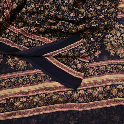 Indian Vintage Black Pure Chiffon Silk Saree Printed Floral Design 5 Yards Sheer Soft Fabric for Sewing, Dressmaking,