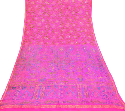 Indian Vintage Pink Saree 100% Pure Silk Printed Sari 5yard Sewing Craft Fabric DressMaking Soft Golden Zari