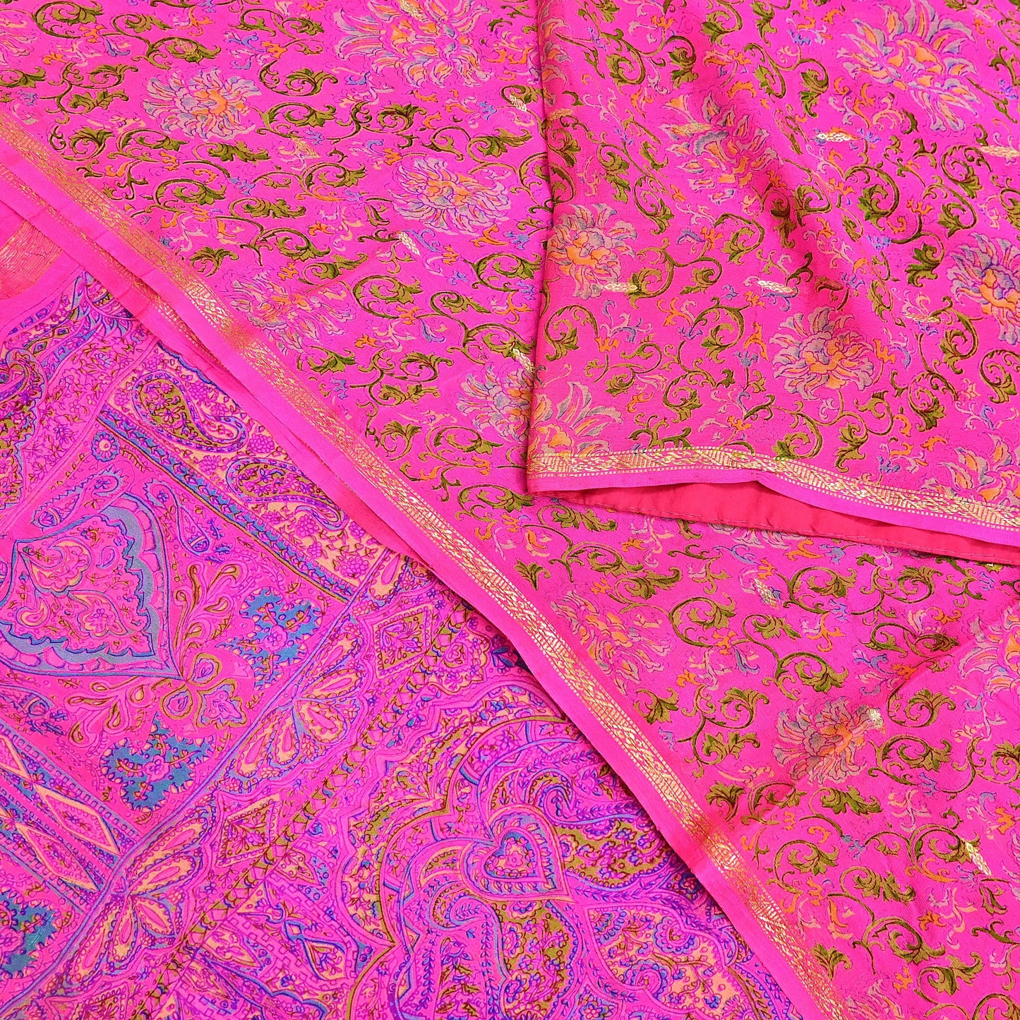Indian Vintage Pink Saree 100% Pure Silk Printed Sari 5yard Sewing Craft Fabric DressMaking Soft Golden Zari