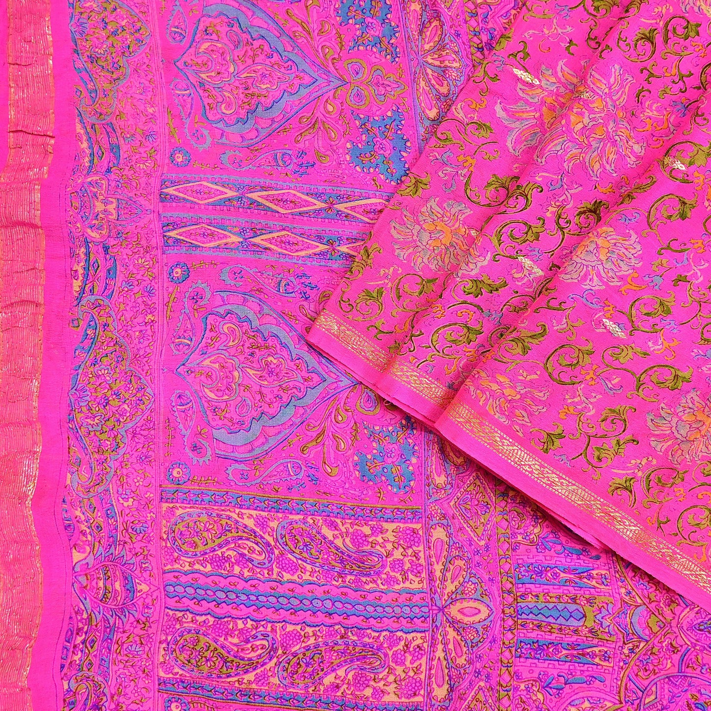 Indian Vintage Pink Saree 100% Pure Silk Printed Sari 5yard Sewing Craft Fabric DressMaking Soft Golden Zari