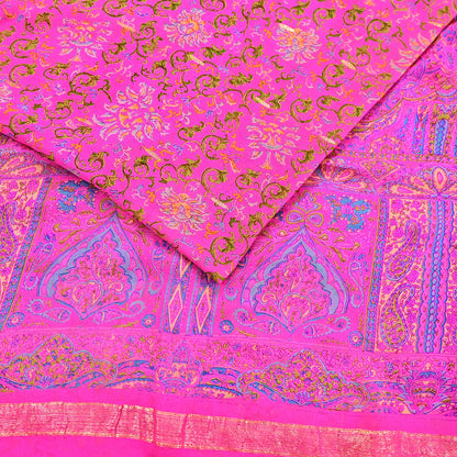 Indian Vintage Pink Saree 100% Pure Silk Printed Sari 5yard Sewing Craft Fabric DressMaking Soft Golden Zari