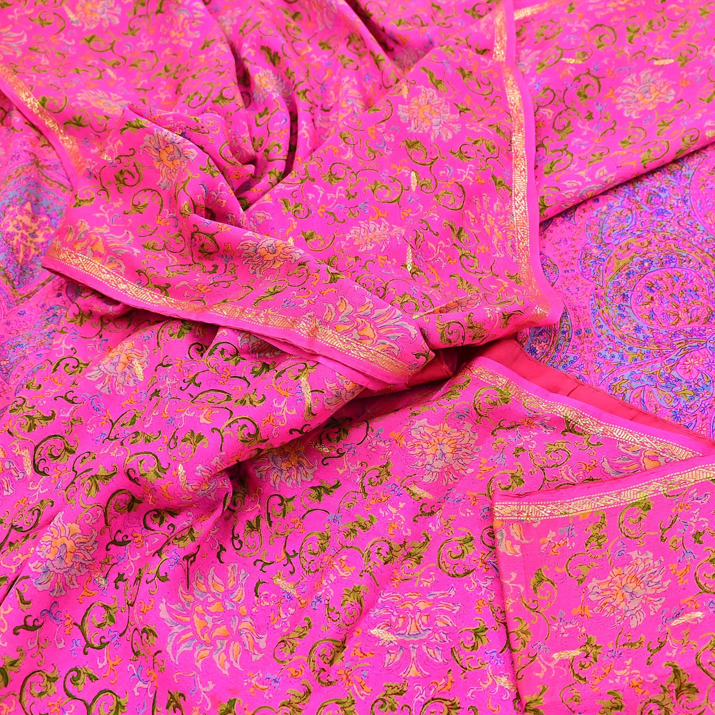 Indian Vintage Pink Saree 100% Pure Silk Printed Sari 5yard Sewing Craft Fabric DressMaking Soft Golden Zari