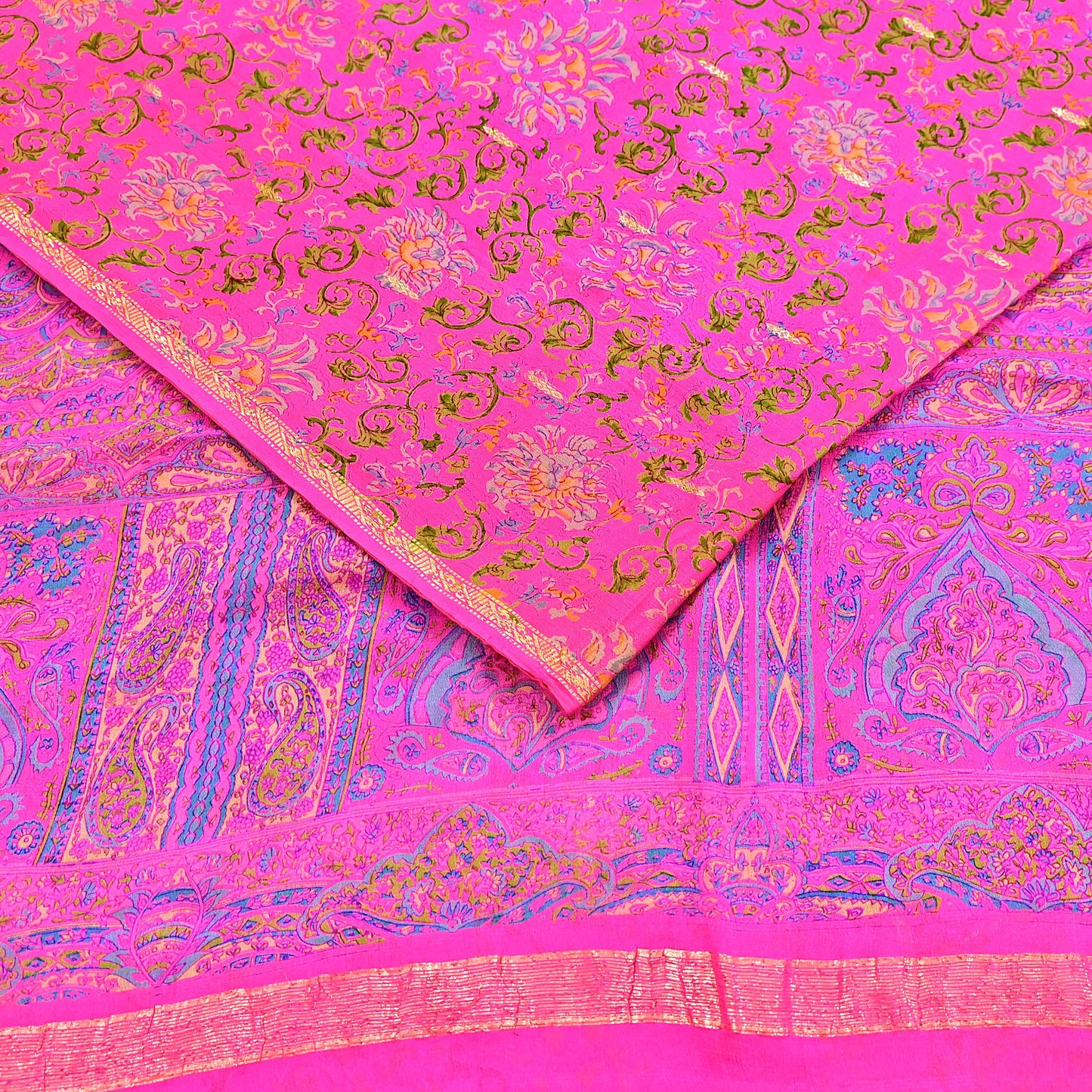 Indian Vintage Pink Saree 100% Pure Silk Printed Sari 5yard Sewing Craft Fabric DressMaking Soft Golden Zari