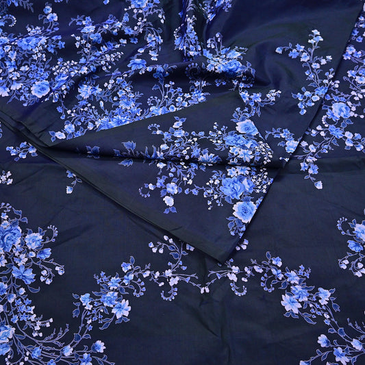 Vintage Blue Pure Silk Saree Indian Printed Floral Silk Fabric 6Yard Soft Sewing Material for Dressmaking, Quilting & Crafts
