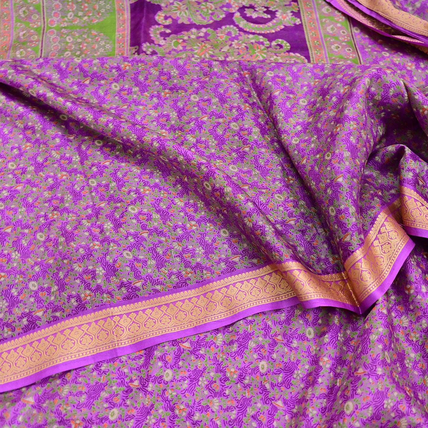 Indian Vintage Sari Purple 100% Pure Silk Printed Sarees 5yd Sewing Craft Fabric Dress Making Soft Woven Border Upcycle Quilting