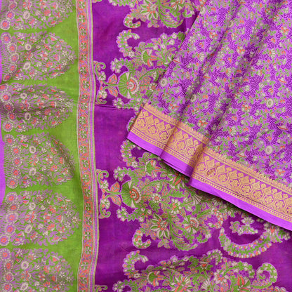 Indian Vintage Sari Purple 100% Pure Silk Printed Sarees 5yd Sewing Craft Fabric Dress Making Soft Woven Border Upcycle Quilting