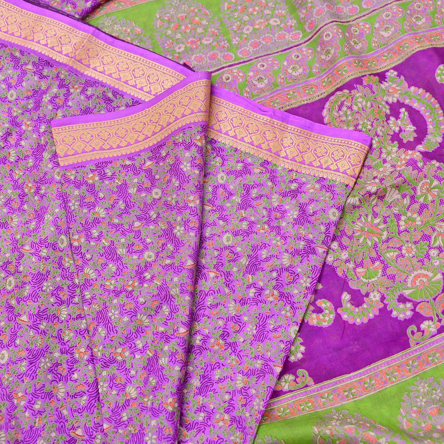 Indian Vintage Sari Purple 100% Pure Silk Printed Sarees 5yd Sewing Craft Fabric Dress Making Soft Woven Border Upcycle Quilting