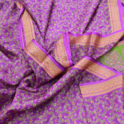 Indian Vintage Sari Purple 100% Pure Silk Printed Sarees 5yd Sewing Craft Fabric Dress Making Soft Woven Border Upcycle Quilting