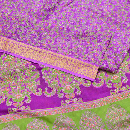 Indian Vintage Sari Purple 100% Pure Silk Printed Sarees 5yd Sewing Craft Fabric Dress Making Soft Woven Border Upcycle Quilting