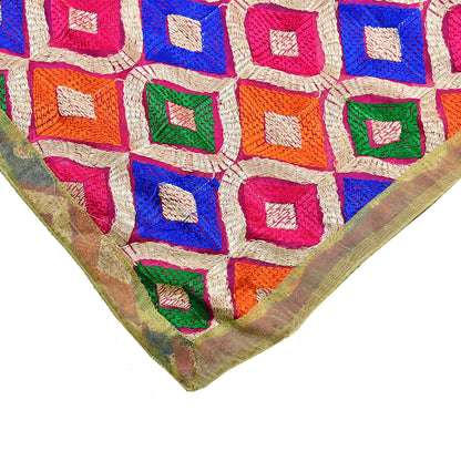 Indian Vintage Pink Dupatta Long Stole Pure Chiffon Silk Embroidered Bagh Phulkari Stole Scarves Golden Lace
