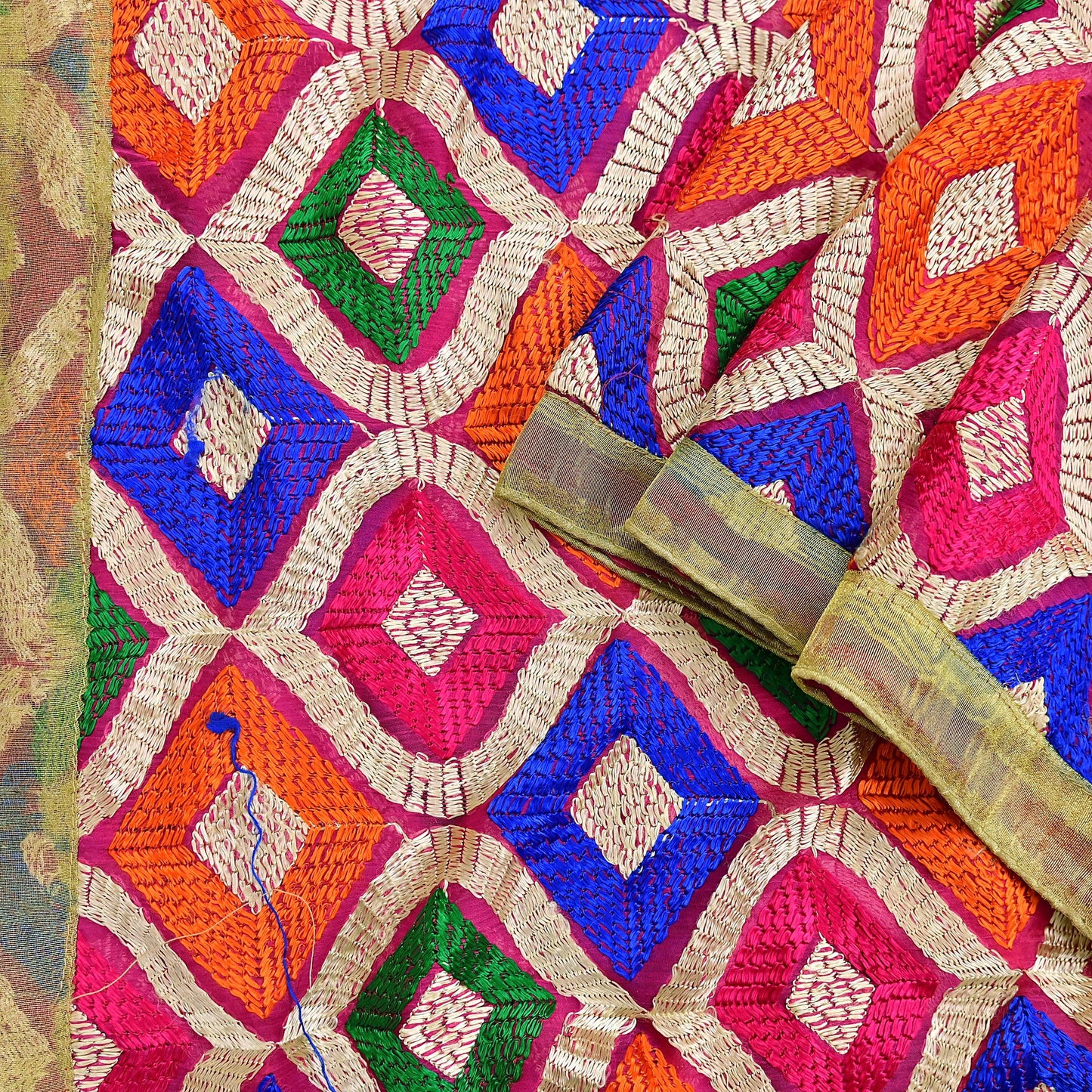Indian Vintage Pink Dupatta Long Stole Pure Chiffon Silk Embroidered Bagh Phulkari Stole Scarves Golden Lace