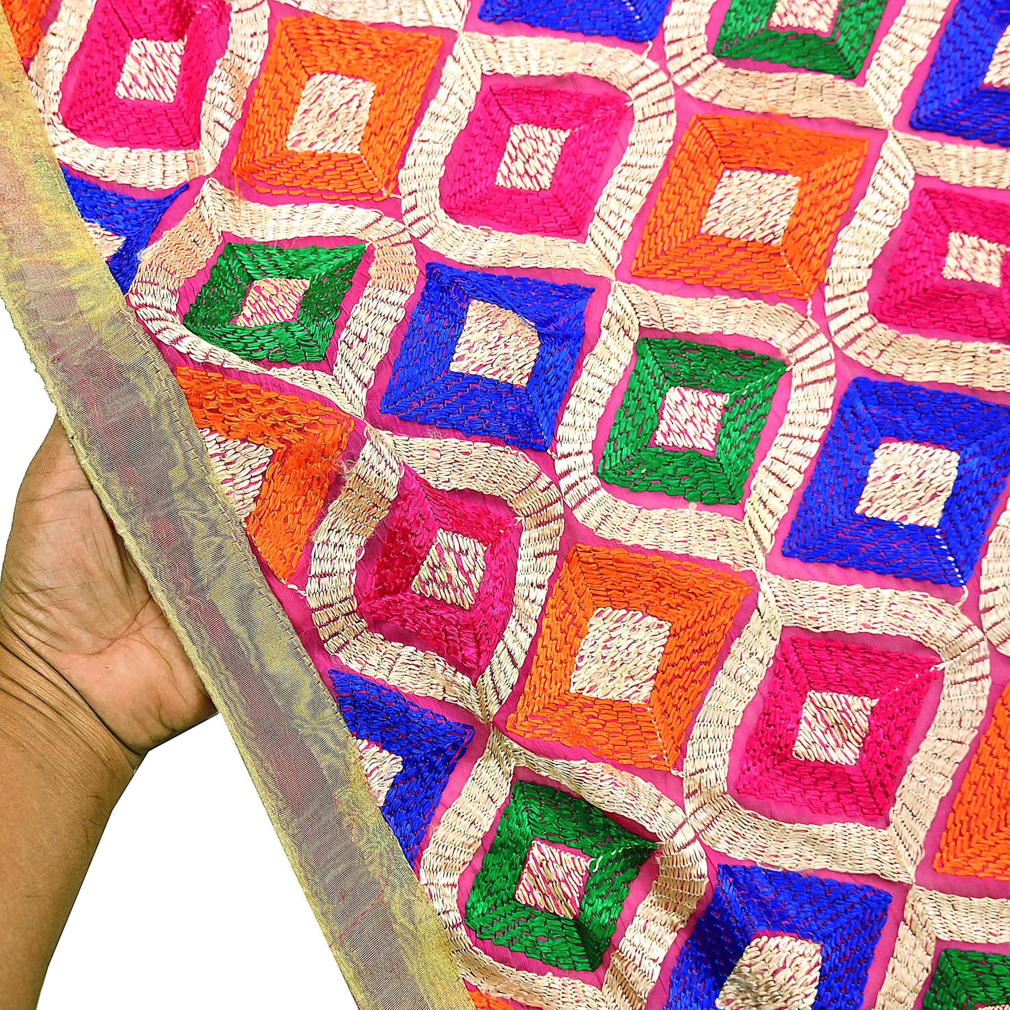 Indian Vintage Pink Dupatta Long Stole Pure Chiffon Silk Embroidered Bagh Phulkari Stole Scarves Golden Lace