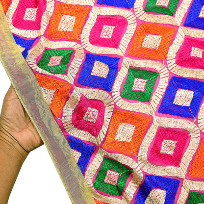 Indian Vintage Pink Dupatta Long Stole Pure Chiffon Silk Embroidered Bagh Phulkari Stole Scarves Golden Lace