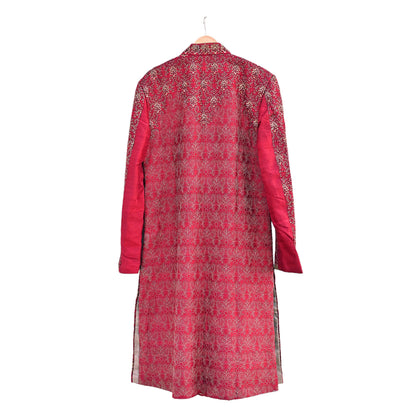 Vintage Red Raw Silk Sherwani Hand Embroidered Mens Wedding Coat Indian Groom Outfit Bandhgala