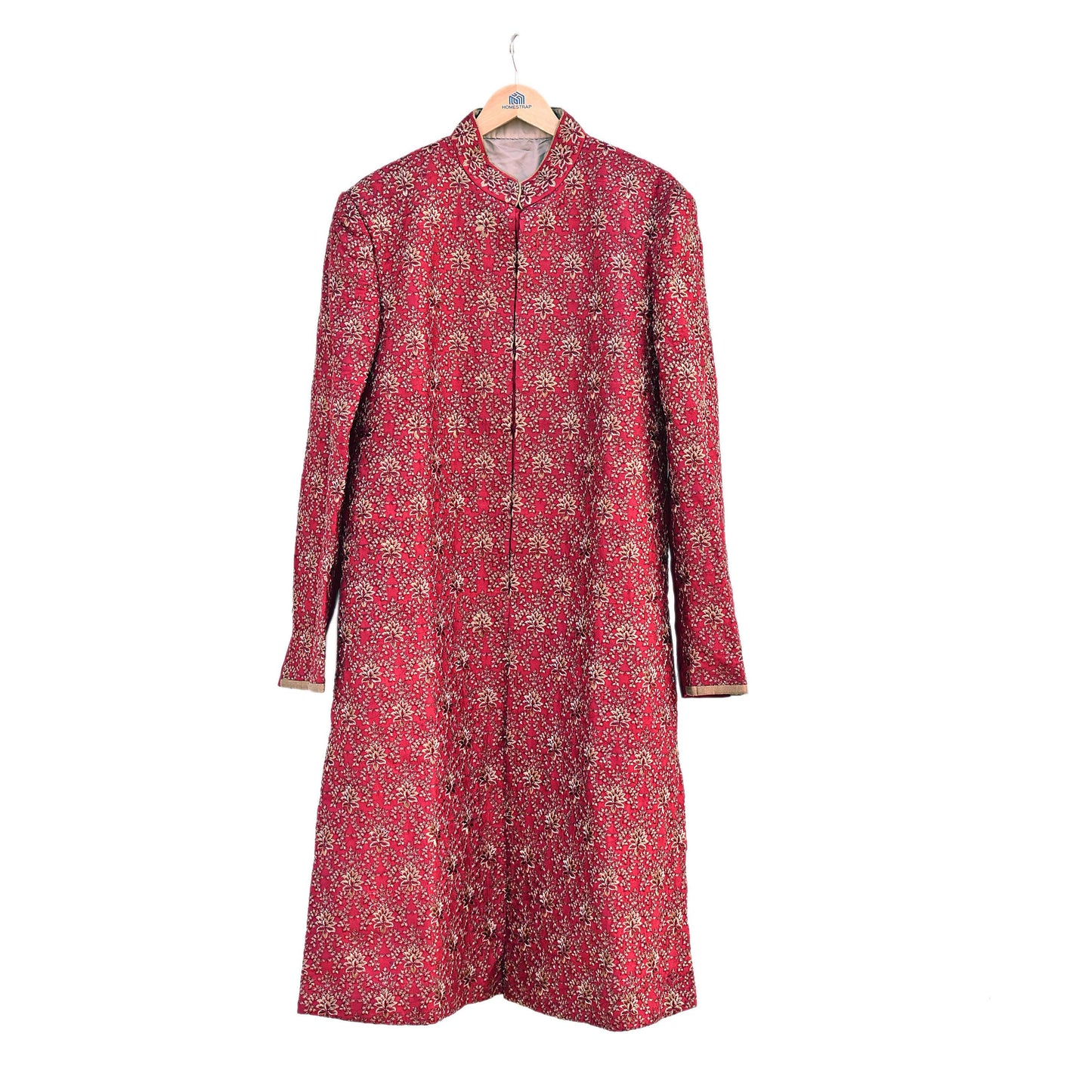 Vintage Red Raw Silk Sherwani Hand Embroidered Mens Wedding Coat Indian Groom Outfit Bandhgala