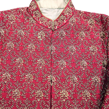 Vintage Red Raw Silk Sherwani Hand Embroidered Mens Wedding Coat Indian Groom Outfit Bandhgala